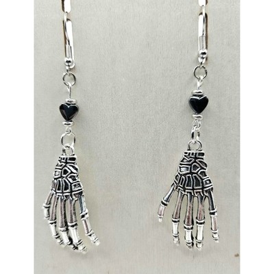 Skeleton Hand Dangle Drop Earrings Hematite Heart Gothic Halloween Handmade