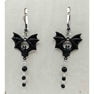 Bat Earrings Dangle Drop Black Bead Halloween Gothic Emo Witchy Jewelry Handmade