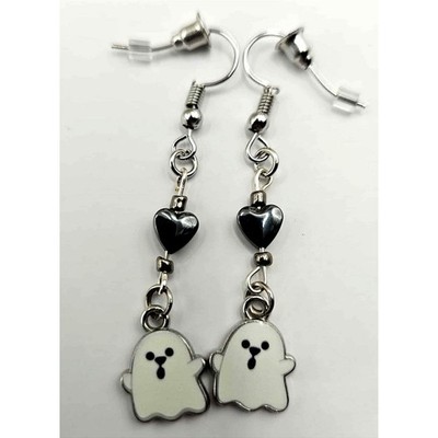 Ghost Earrings Dangle Drop Silver Tone Hematite Heart Halloween Cute Handmade