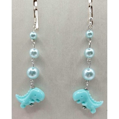 Dinosaur Earrings Blue Pearl Drop Dangle Silver Tone Fun Quirky Jewelry Handmade