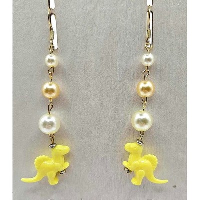 Dinosaur Earrings Yellow Spinosaurus Pearl Dangle Drop Fun Jewelry Handmade