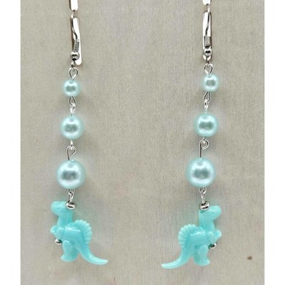 Dinosaur Earrings Blue Pearl Drop Dangle Fun Quirky Statement Jewelry Handmade