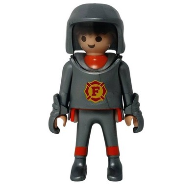 Vintage Toy Figure Playmobil Firefighter Silver Suit Visor Helmet Grey Emblem