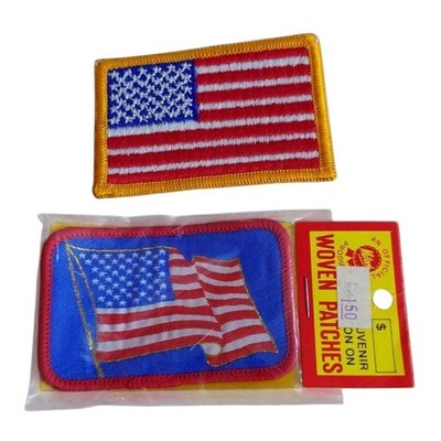 USA Flag Embroidered Patch Iron-On Sew-On Set of 2 Gold Border Waving Flag