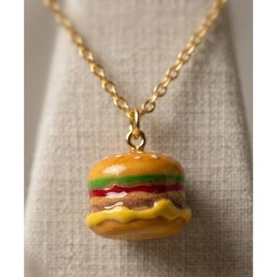 Burger Necklace Gold Toned Stainless Steel 24" Hamburger Pendant