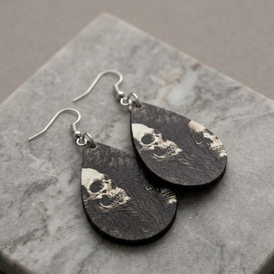 Handmade Earrings Double Skull Goth Dark Teardrop Dangle Silver Tone Stainless