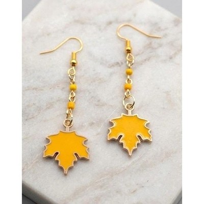 Handmade Drop Earrings Yellow Leaf Hand Beaded Chain Fall Theme Gold Toned