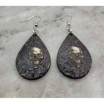 Handmade Earrings Skull Textured Glossy Dark Goth Teardrop Dangle