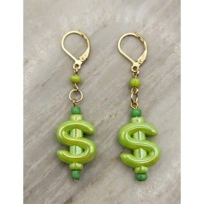 Handmade Earrings Green Dollar Sign Gold Tone Dangle Leverback $