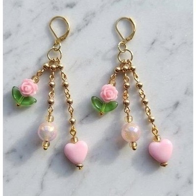 Handmade Dangle Earrings Gold Tone Rose Heart Drop Leverback Stainless Steel