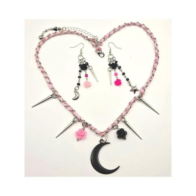 Goth Pink Black Star Roses Crescent Moon Spike Ribbon Chain Necklace Earring Set
