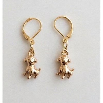 Handmade Earrings Gold Toned Cute Puppy Dog Leverback Hypoallergenic Whimsical