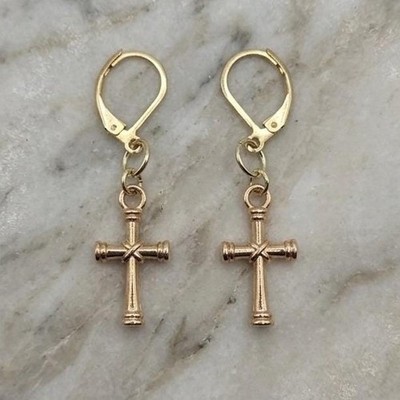 Handmade Earrings Gold Toned Cross Leverback Hypoallergenic #