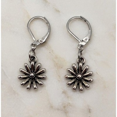 Handmade Earrings Silver Daisy Leverback Stainless Steel Hypoallergenic Floral