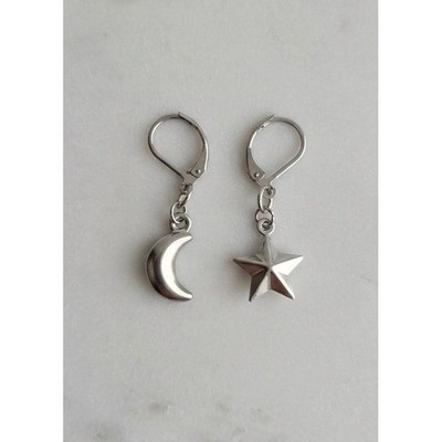 Handmade Earrings Celestial Crescent Moon and Star Stainless Steel Leverback