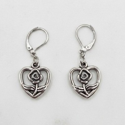 Handmade Earrings Silver Tone Romantic Heart Rose Leverback Hypoallergenic