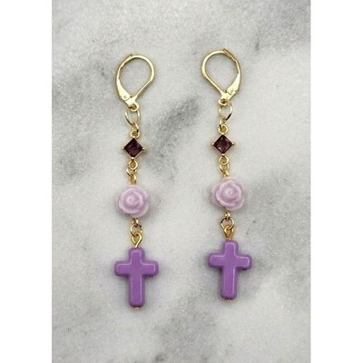 Handmade Earrings Gold Toned Purple Rose Cross Faux Gemstone Leverback Romantic