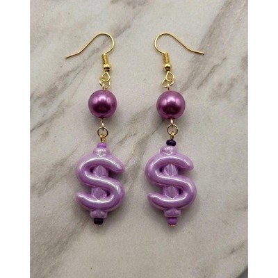 Handmade Earrings Purple Faux Pearl Money Sign Weird Drop Dangle Hypoallergenic