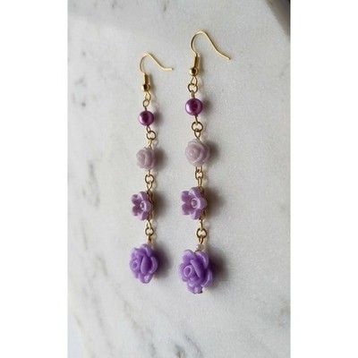 Handmade Drop Earrings Purple Floral Faux Pearl Gold Tone Hypoallergenic