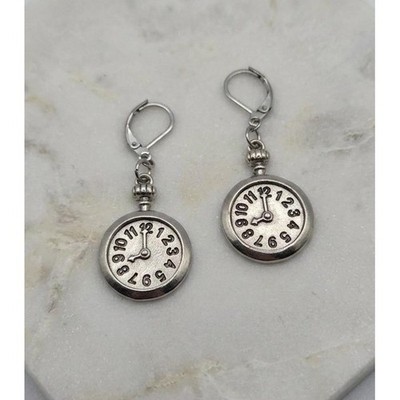 Handmade Faux Clock Earrings Silver Tone Heavy Leverback Hypoallergenic
