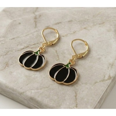 Handmade Earrings Gold Tone Black Goth Pumpkin Leverback Hypoallergenic Fall